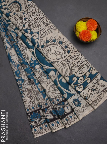 Kalamkari semi silk saree peacock blue and black with allover prints and printed border