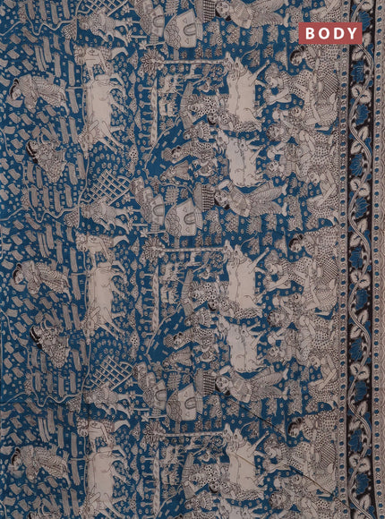 Kalamkari semi silk saree peacock blue and black with allover prints and printed border