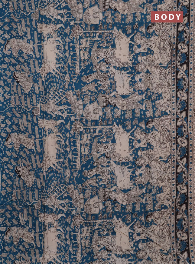 Kalamkari semi silk saree peacock blue and black with allover prints and printed border