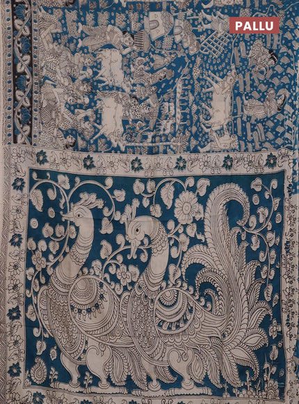 Kalamkari semi silk saree peacock blue and black with allover prints and printed border