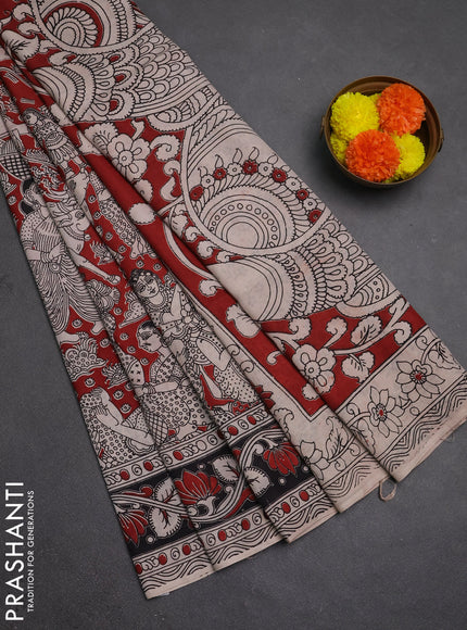 Kalamkari semi silk saree maroon and beige with allover prints and printed border