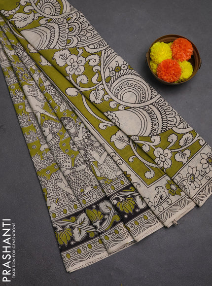 Kalamkari semi silk saree mehendi green and black with allover prints and printed border