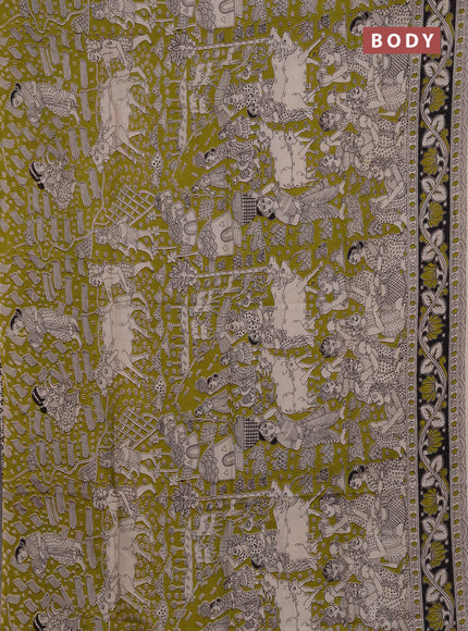 Kalamkari semi silk saree mehendi green and black with allover prints and printed border