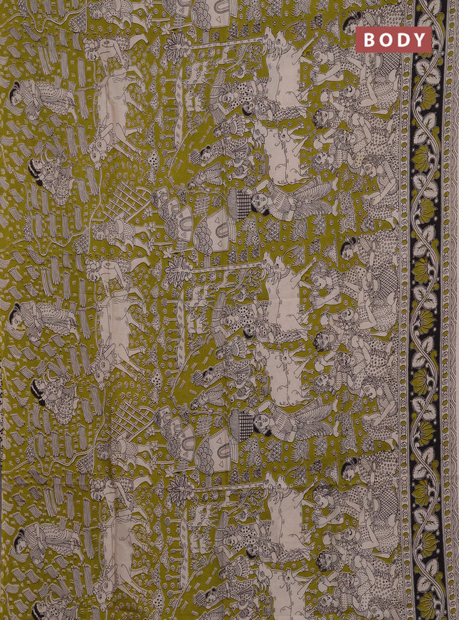 Kalamkari semi silk saree mehendi green and black with allover prints and printed border