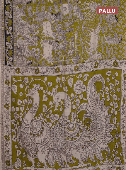Kalamkari semi silk saree mehendi green and black with allover prints and printed border