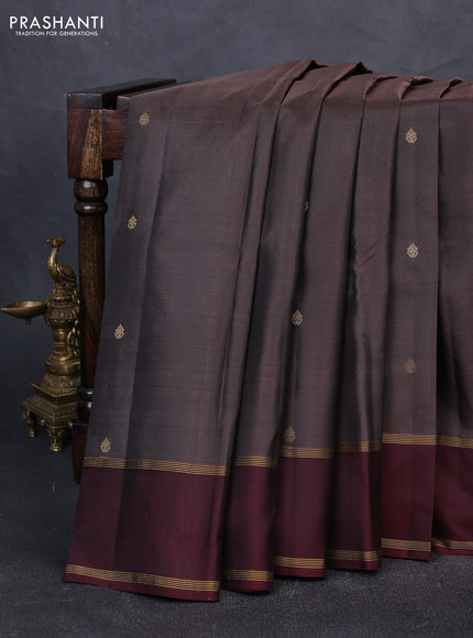 Pure kanchipuram silk saree pastel brown and deep maroon with zari woven buttas and rettapet zari woven korvai border