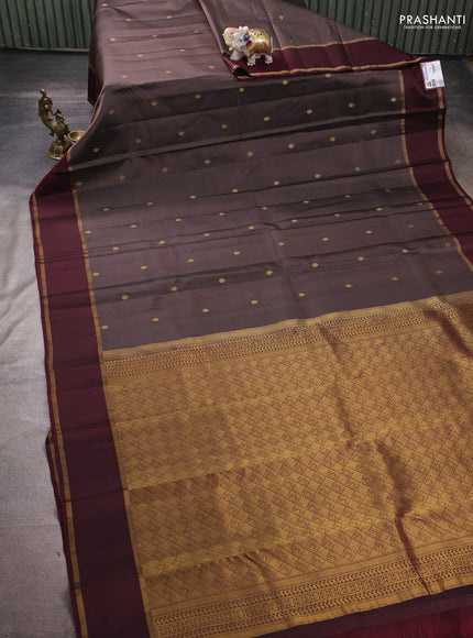 Pure kanchipuram silk saree pastel brown and deep maroon with zari woven buttas and rettapet zari woven korvai border