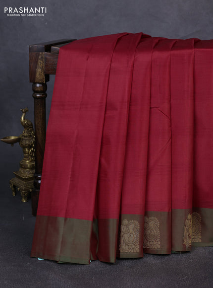 Pure kanchipuram silk saree maroon and dual shade of green with plain body and zari woven butta border