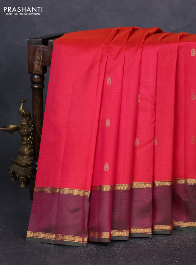 Pure kanchipuram silk saree pink and dual shade of pinki green with zari woven buttas and rettapet zari woven korvai border