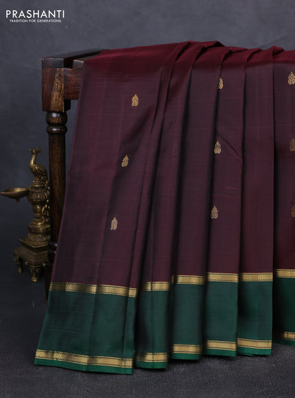 Pure kanchipuram silk saree deep maroon and green with zari woven buttas and rettapet zari woven korvai border