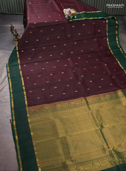 Pure kanchipuram silk saree deep maroon and green with zari woven buttas and rettapet zari woven korvai border