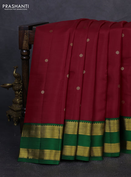 Pure kanchipuram silk saree red and green with zari woven buttas and rettapet zari woven korvai border