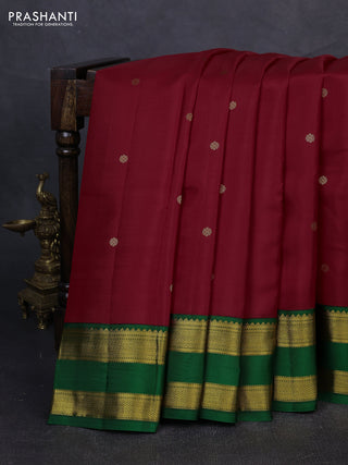 Pure kanchipuram silk saree red and green with zari woven buttas and rettapet zari woven korvai border