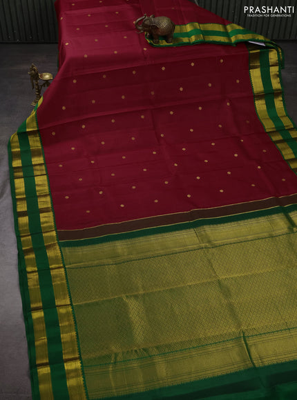 Pure kanchipuram silk saree red and green with zari woven buttas and rettapet zari woven korvai border