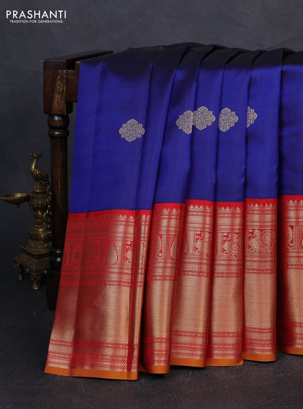 Pure kanchipuram silk saree blue and red with zari woven buttas and long zari woven korvai border