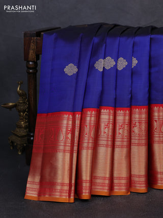 Pure kanchipuram silk saree blue and red with zari woven buttas and long zari woven korvai border