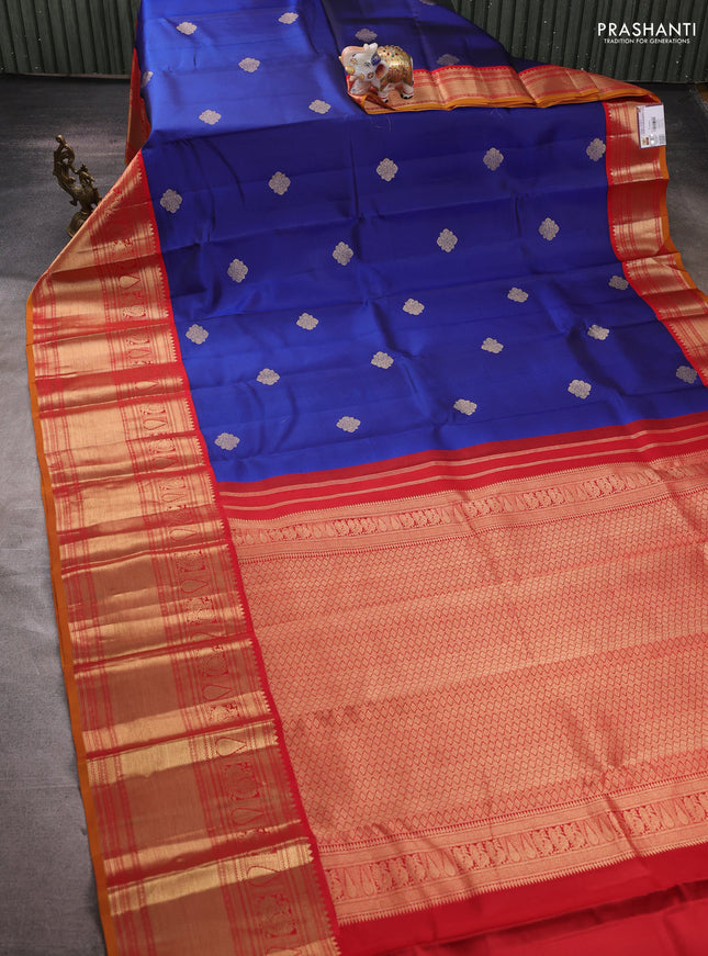 Pure kanchipuram silk saree blue and red with zari woven buttas and long zari woven korvai border