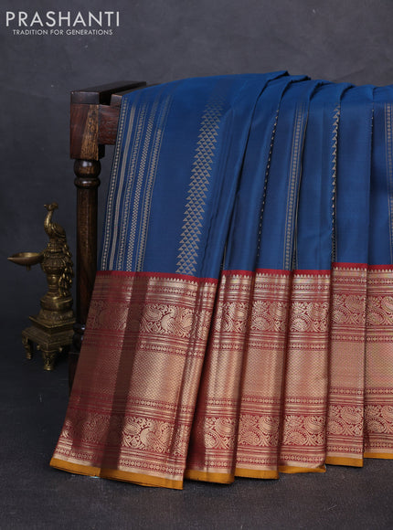 Pure kanchipuram silk saree peacock blue and maroon with allover zari weaves and long rich zari woven border