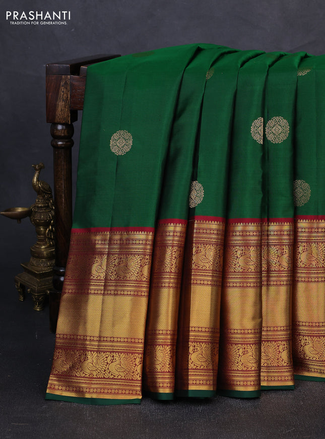 Pure kanchipuram silk saree green and maron with zari woven buttas and long zari woven border