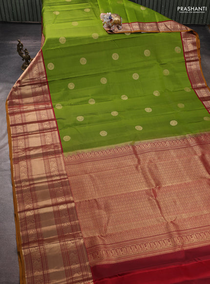 Pure kanchipuram silk saree mehendi green and maroon with zari woven buttas and long zari woven border