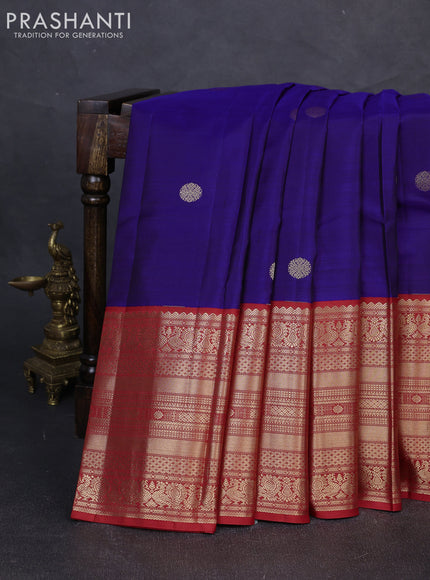 Pure kanchipuram silk saree blue and red with zari woven buttas and long zari woven korvai border