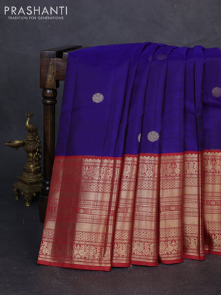 Pure kanchipuram silk saree blue and red with zari woven buttas and long zari woven korvai border
