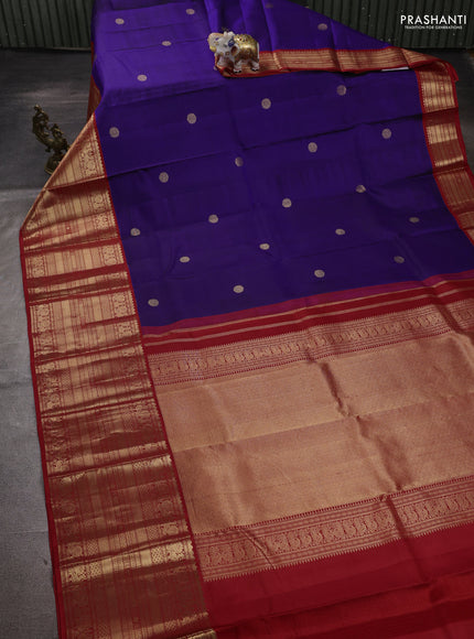 Pure kanchipuram silk saree blue and red with zari woven buttas and long zari woven korvai border