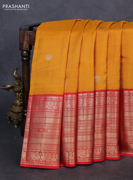 Pure kanchipuram silk saree mustard yellow and red with zari woven buttas and long zari woven korvai border
