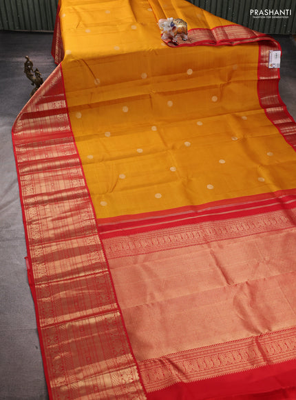 Pure kanchipuram silk saree mustard yellow and red with zari woven buttas and long zari woven korvai border