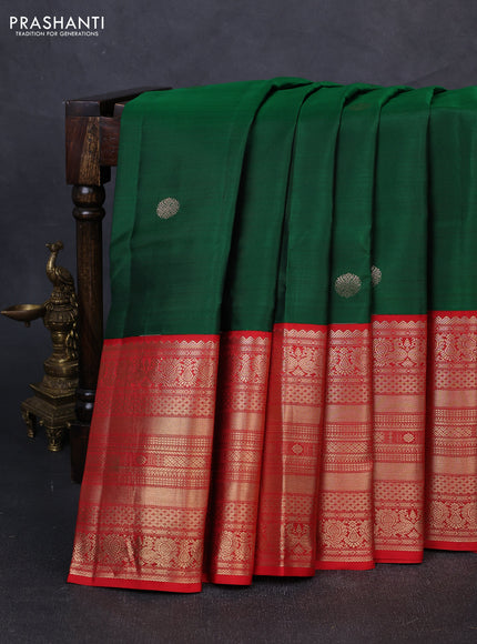 Pure kanchipuram silk saree bottle green and red with zari woven buttas and long zari woven korvai border