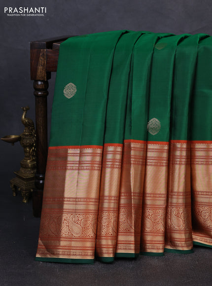 Pure kanchipuram silk saree green and rustic orange with zari woven buttas and long rich zari woven border