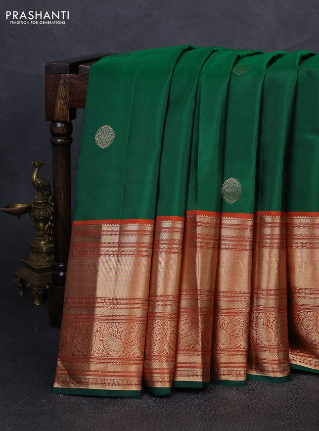 Pure kanchipuram silk saree green and rustic orange with zari woven buttas and long rich zari woven border