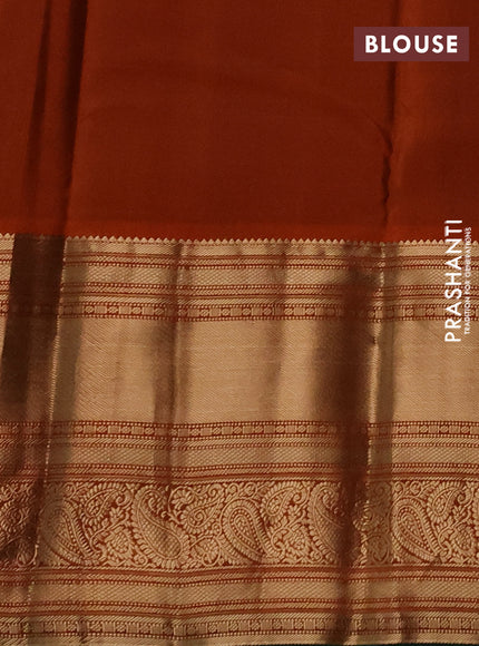 Pure kanchipuram silk saree green and rustic orange with zari woven buttas and long rich zari woven border