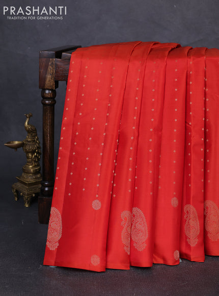 Pure kanchipuram silk saree orange with allover zari woven buttas and zari woven butta border