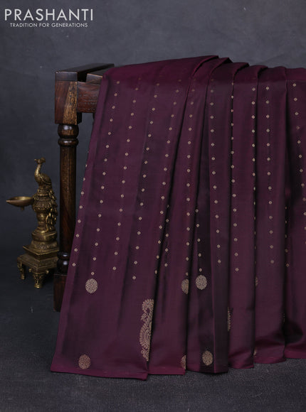 Pure kanchipuram silk saree jamun shade with allover zari woven buttas and zari woven butta border