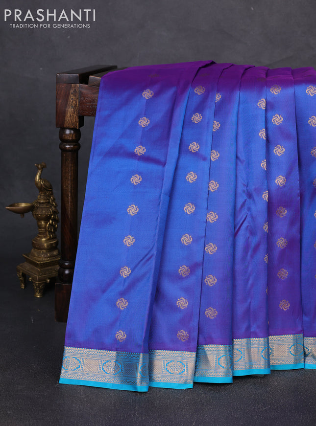 Pure kanchipuram silk saree dual shade of violet and teal blue with allover zari woven buttas and zari woven border