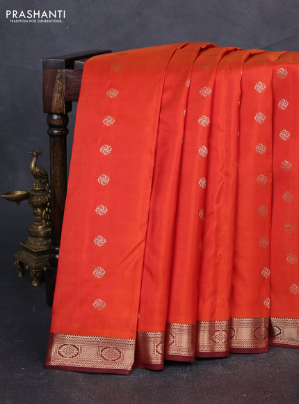 Pure kanchipuram silk saree rust orange and deep maroon with allover zari woven buttas and zari woven border