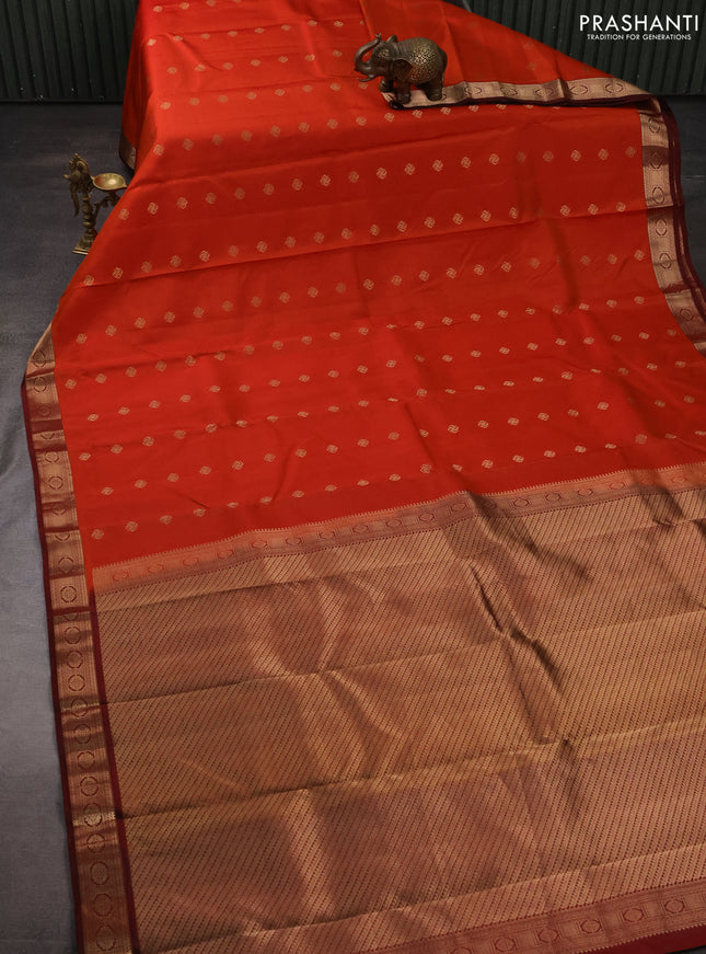 Pure kanchipuram silk saree rust orange and deep maroon with allover zari woven buttas and zari woven border