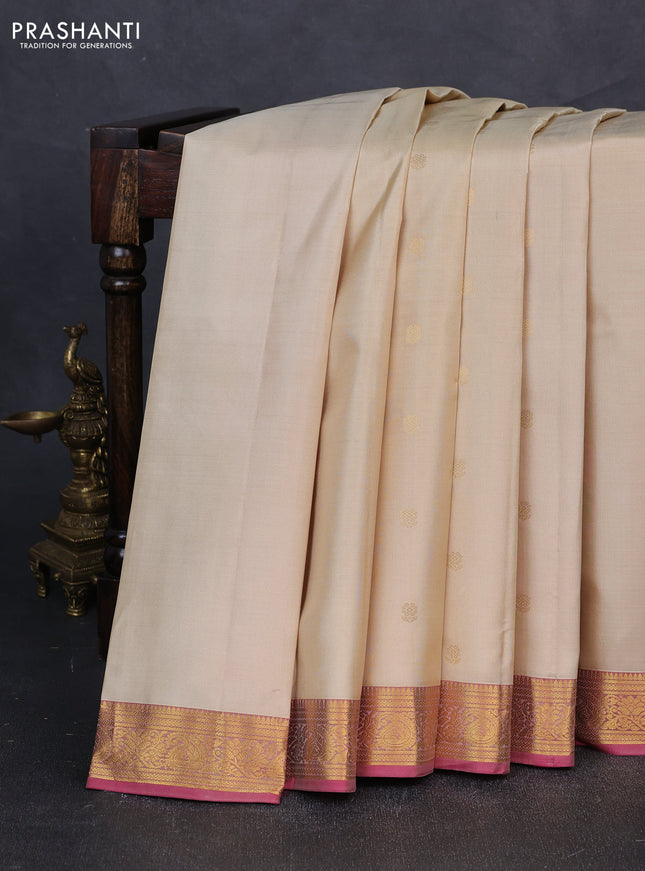 Pure kanchipuram silk saree beige and dual shade of pink with zari woven buttas and zari woven border
