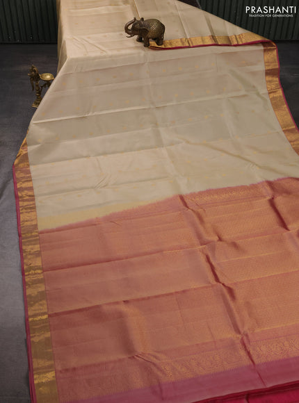 Pure kanchipuram silk saree beige and dual shade of pink with zari woven buttas and zari woven border