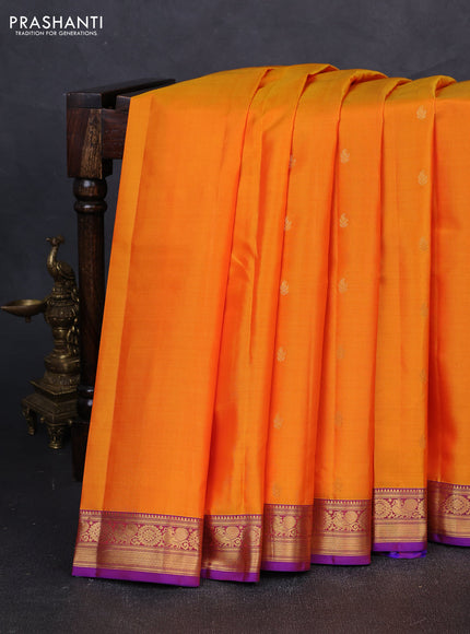 Pure kanchipuram silk saree mango yellow and purple with zari woven buttas and zari woven border