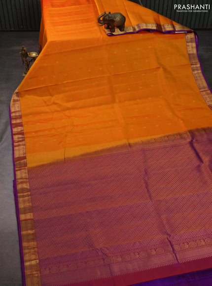 Pure kanchipuram silk saree mango yellow and purple with zari woven buttas and zari woven border