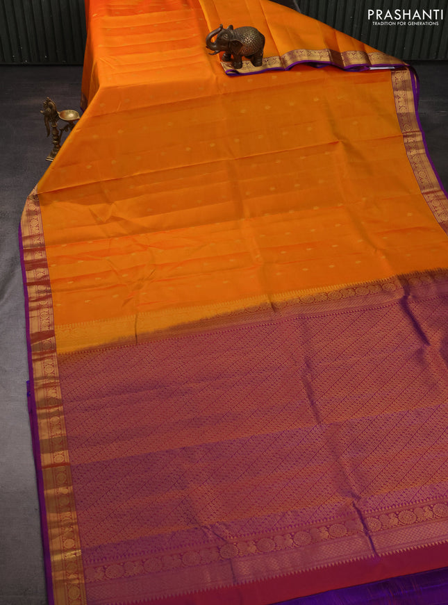 Pure kanchipuram silk saree mango yellow and purple with zari woven buttas and zari woven border