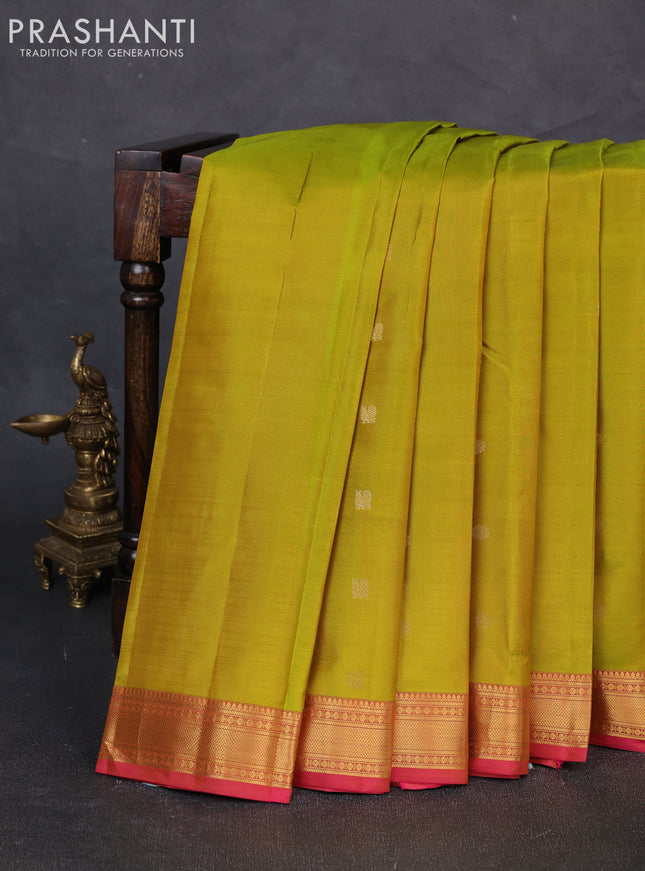 Pure kanchipuram silk saree lime green and pink with zari woven buttas and zari woven border