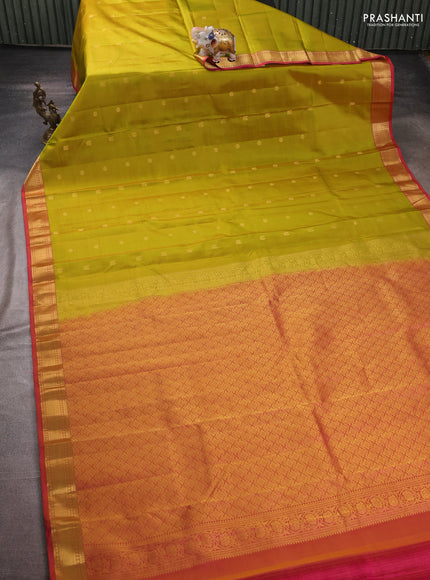 Pure kanchipuram silk saree lime green and pink with zari woven buttas and zari woven border