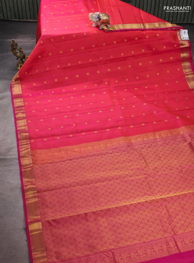 Pure kanchipuram silk saree dual shade of pinkish orange and pink with zari woven buttas and zari woven border