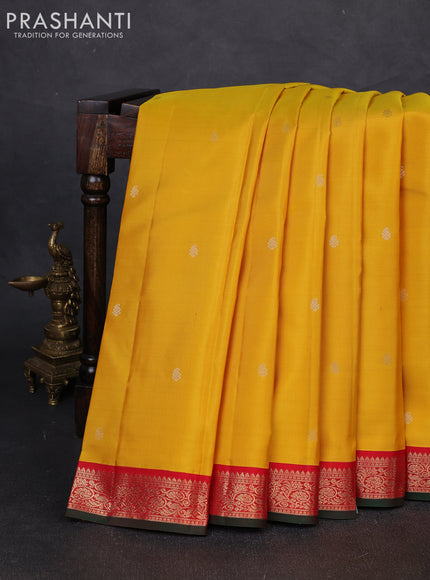 Pure kanchipuram silk saree yellow and red with zari woven buttas and zari woven korvai border