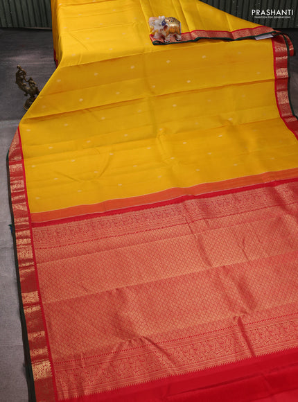 Pure kanchipuram silk saree yellow and red with zari woven buttas and zari woven korvai border