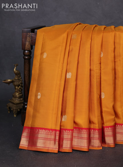 Pure kanchipuram silk saree dark mustard and red with zari woven buttas and zari woven korvai border
