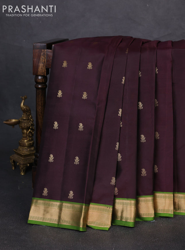Pure kanchipuram silk saree wine shade and green with zari woven buttas and zari woven border